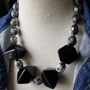 Vintage Black & Silver Basketweave Bead Necklace
